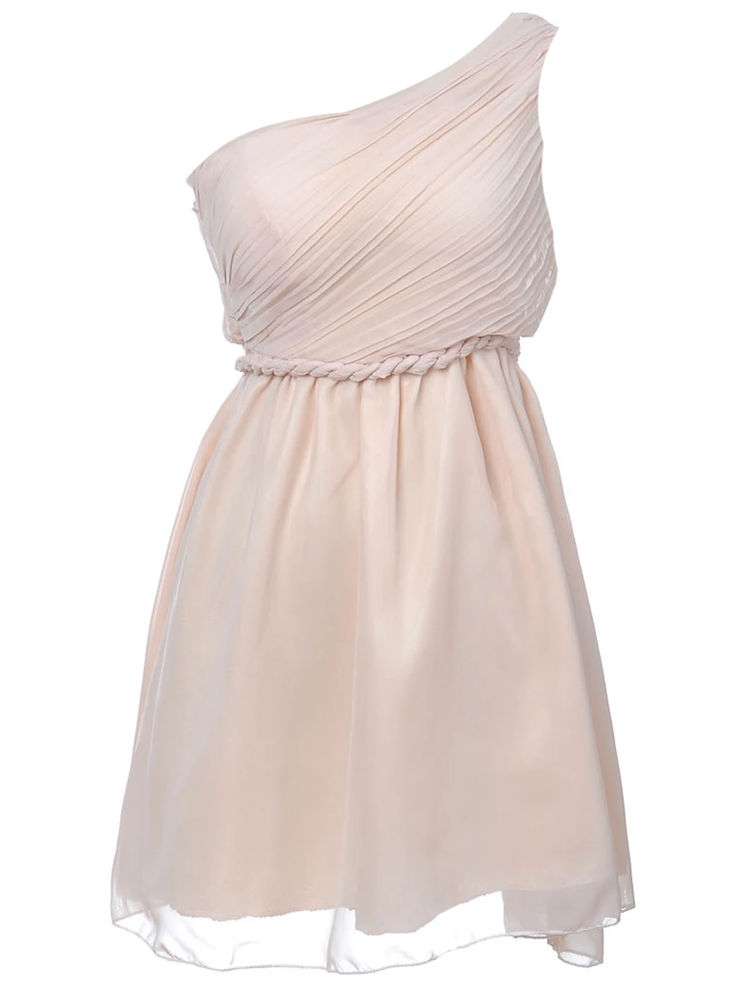 Womens Apricot Blush One Shoulder Braid Waist Tie Sleeveless Party Dress