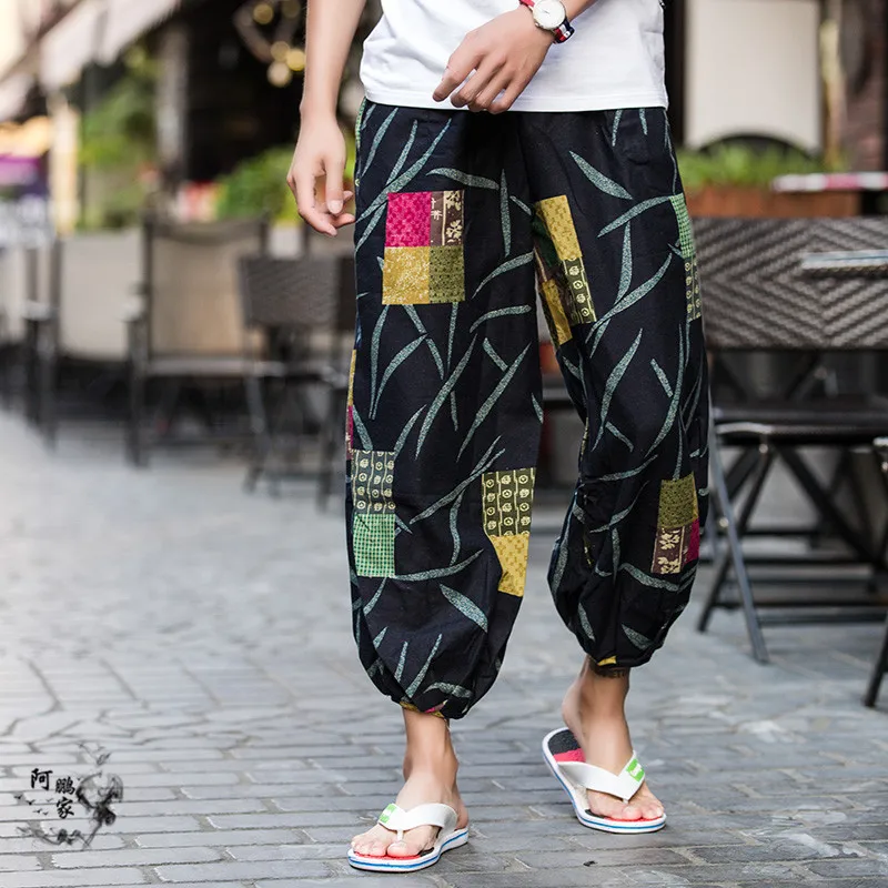 Baggy 100% Cotton Linen Harem Pants Men Hip Hop Ethnic Thailand Hawaii Trousers Loose Vintage Long Pants Pantalon Hombre