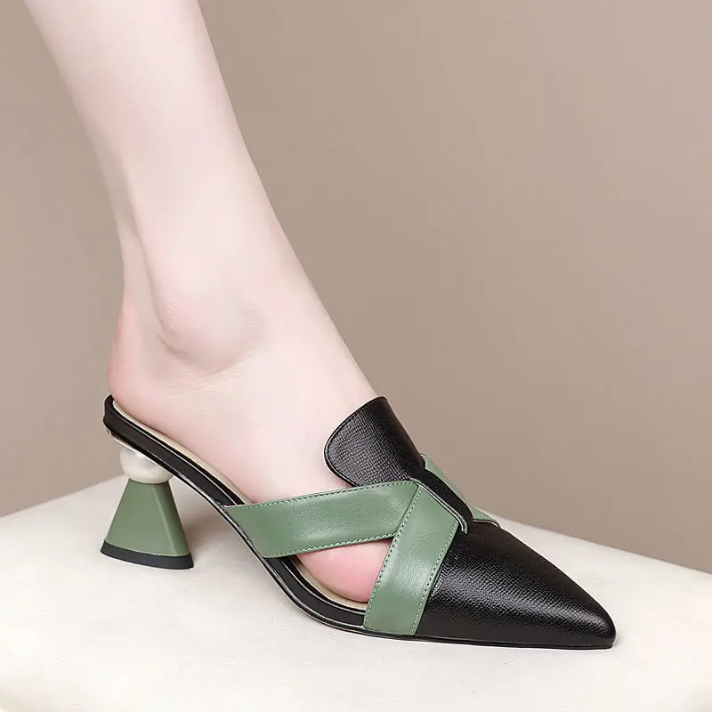 Close Pointed Toe Slippers Woman,High Heels Sides,Strange Heel Summer Shoes,Soft Leather,Outside Wearing,BLACK,BEIGE,Dropship