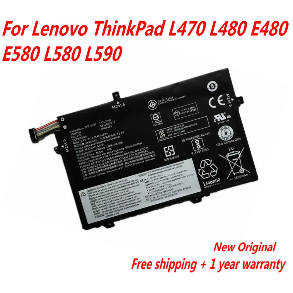 

NEW L17L3P52 01AV463 L17M3P53 Laptop Battery For Lenovo ThinkPad L470 L480 E480 E580 L580 L590 11.1V 4050mAh/45Wh