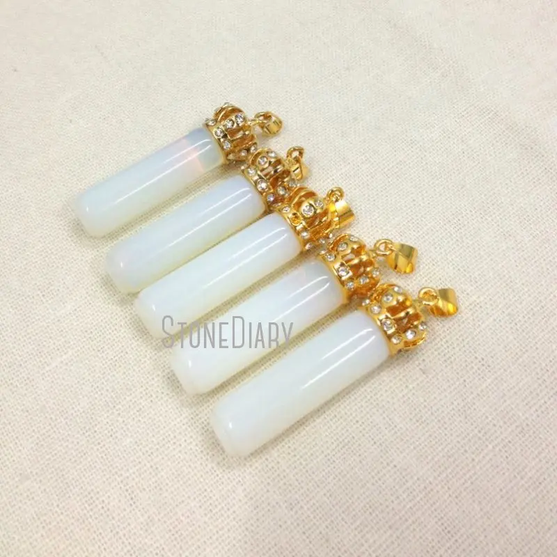 

PM12045 Healing Crystal Quartz Opal Pendant Crystal Pillar Cylinder Point Pendant Gold Plated Crown Cap And Bail