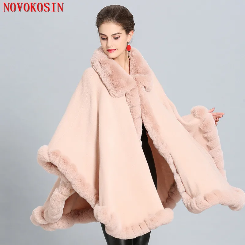 

11 Colors Winter Warm Poncho Cloak Batwing Sleeves Loose Shawl Outer Wear Faux Rabbit Fur Cape Coat For Women Lapel Overcoat