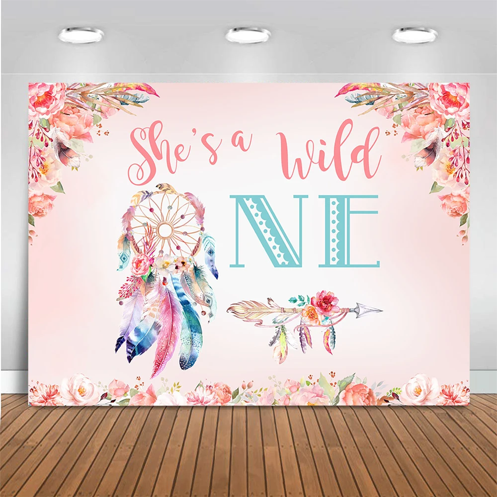 Kids 1th Birthday Party Photography Background She's Wild One Backdrop Rose Flower Pink Girl Feather Decor Photo Studio