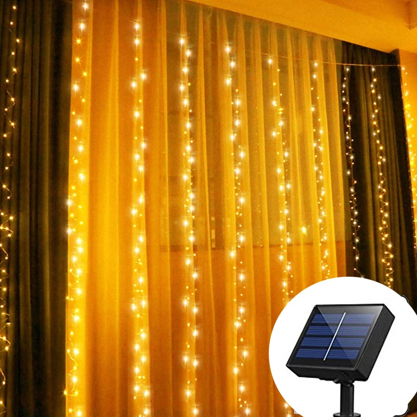 

8 Modes Solar Curtain Light 3Mx3M 300 LED Fairy Lights Christmas String Lights For Wedding Party Home Bedroom Indoor Decoration