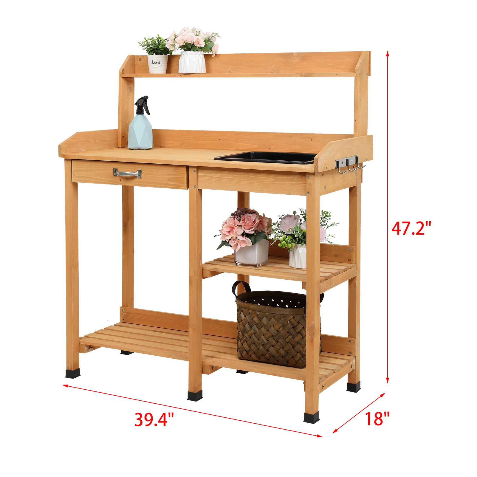 Fir Wooden Garden Workbench With Drawers Sink And Storage Rack 39.4x18x47.2 Inch Burlywood[US-Stock]