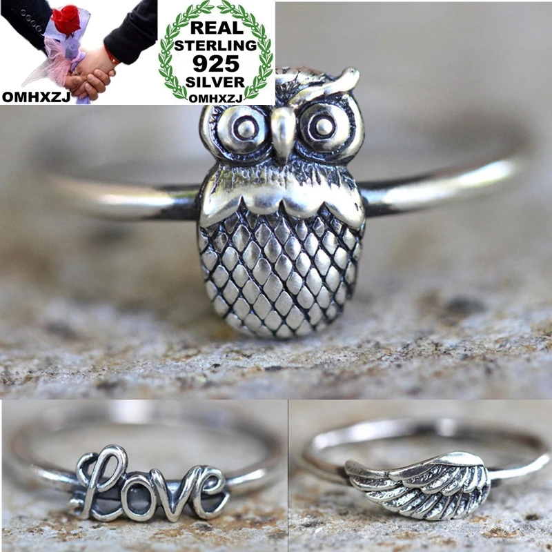 OMHXZJ Wholesale European Fashion Hot Jewelry Woman Girl Party Birthday Wedding Gift Vintage Owl LOVE Wing Tai Silver Ring RR825