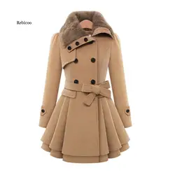 Women's Winter Slim Long Wool Sherpa Coat Double Breasted Padded Korean Cashmere Coat England Style Trench