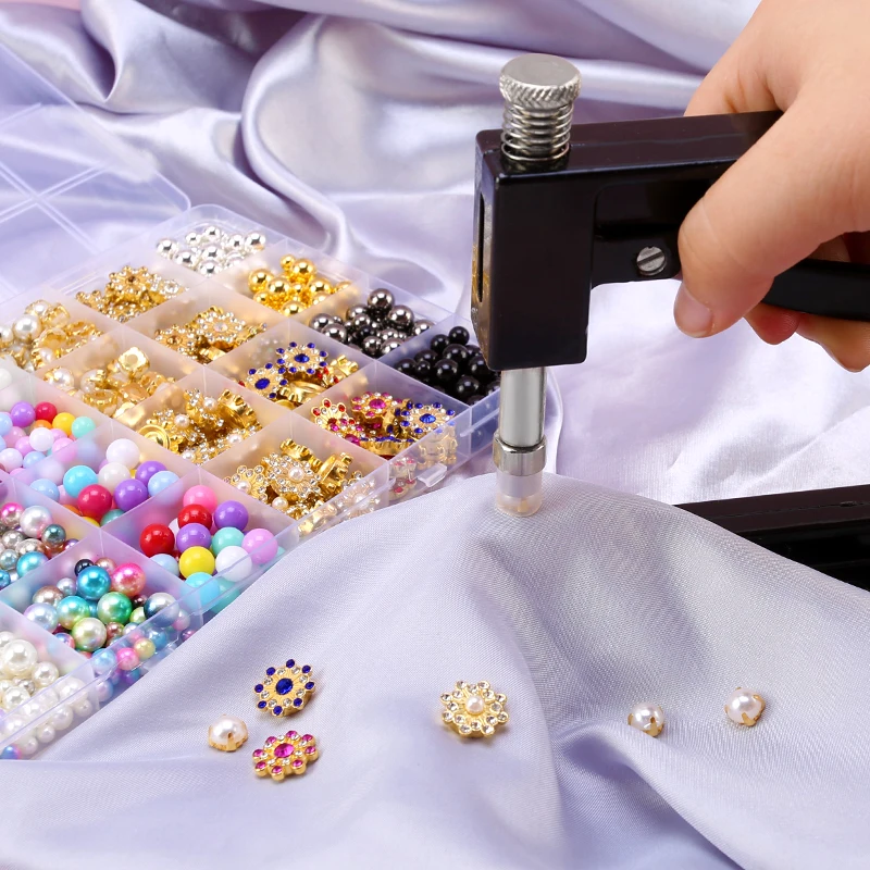 QIAO Manual Punching DIY Pearl Setting Machine Rhinestones Beads Rivet Fixing Machine Skirts Hand Press Tools for Clothes Crafts