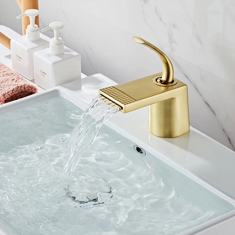 

Bathroom Basin Faucet Brush Gold/White Baking Solid Brass Unique Design Sink Mixer Tap Hot & Cold Waterfall Basin Faucets