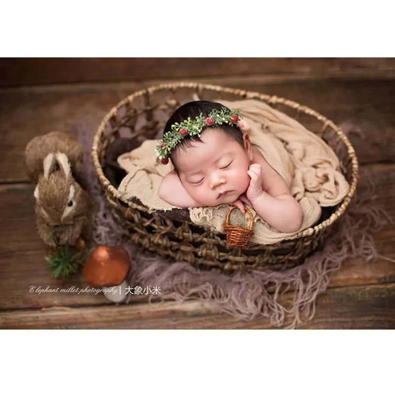 Newborn Photography Props Accessories Oval Hollow Straw Iron Basket Twins Girl Boy Baby Photo Shoot Bed Furniture Background Box