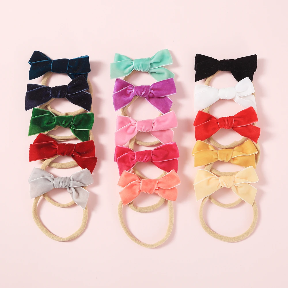 30 pcs/lot, Chubby Velvet Bow on Soft Nylon Headbands, Velvet Hand Tied Hair Accessory, Girls Christmas Gift