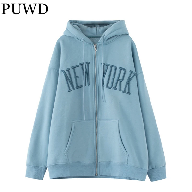 

PUWD Casual Women Zipper Loose Fleece Hoodies 2022 Summer Fashion Ladies Pockets Letter Streetwear Hoodie Female Chic Outwear