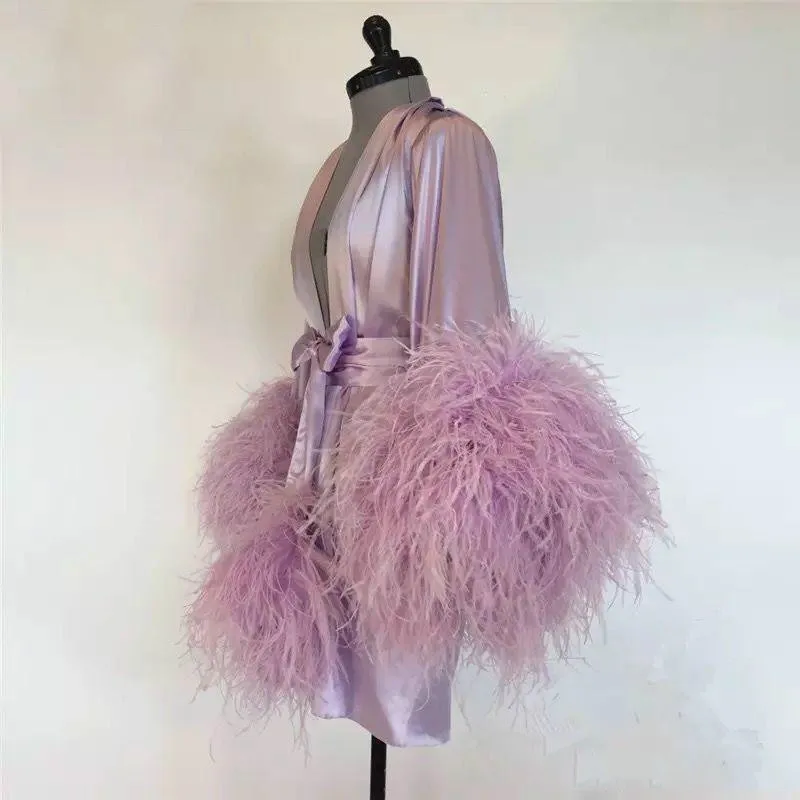 Short Bathrobe for Women Pink Feather Knee Length Lingerie Nightgown Pajamas Sleepwear Women's Luxury Gowns Housecoat Nightwear