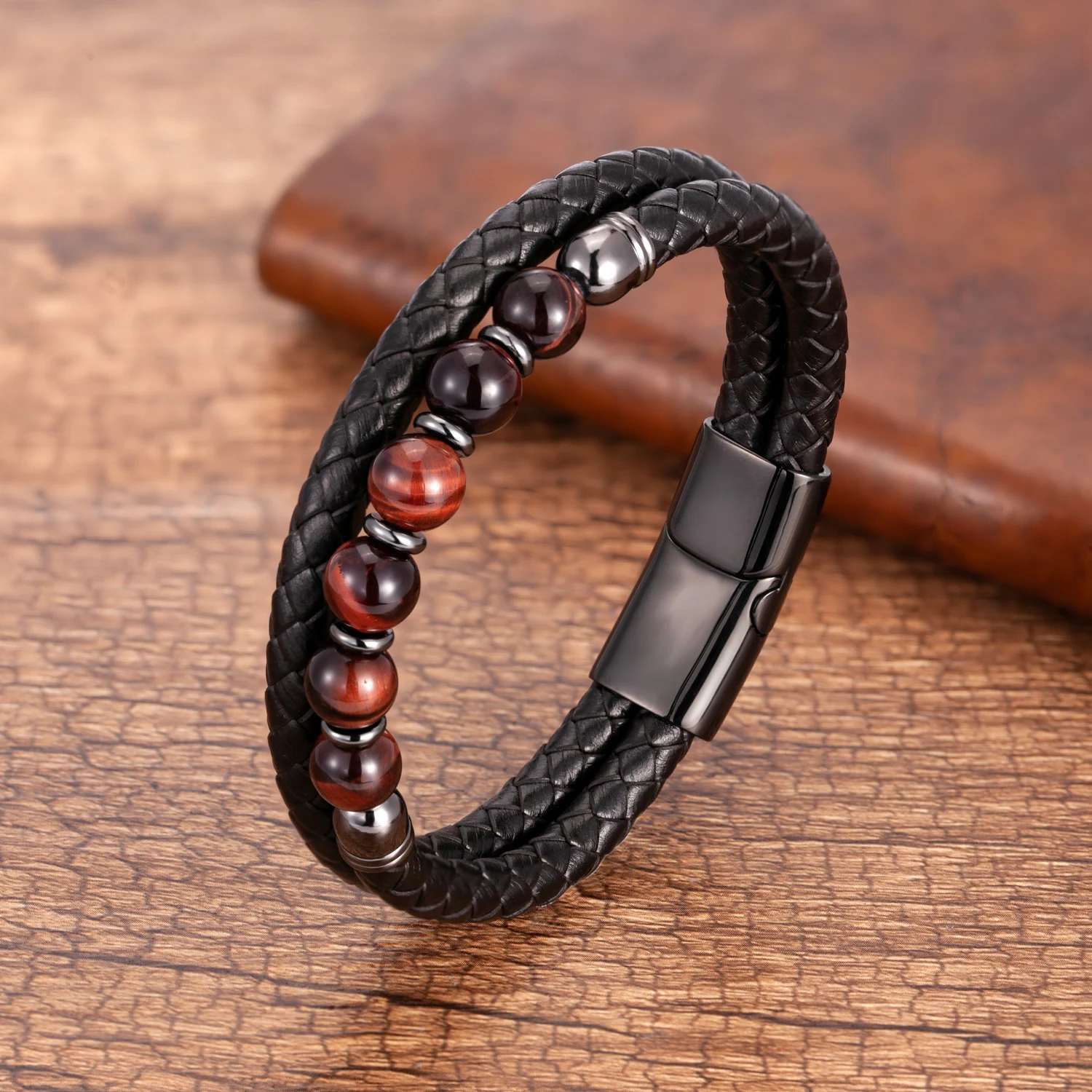 Modischer Herrenschmuck, Charm-Armband mit runden Steinen für Männer, bunte Tigerauge-Perlen, schwarze Lederkette, Armreif, Geschenk für Männer – Detail 4