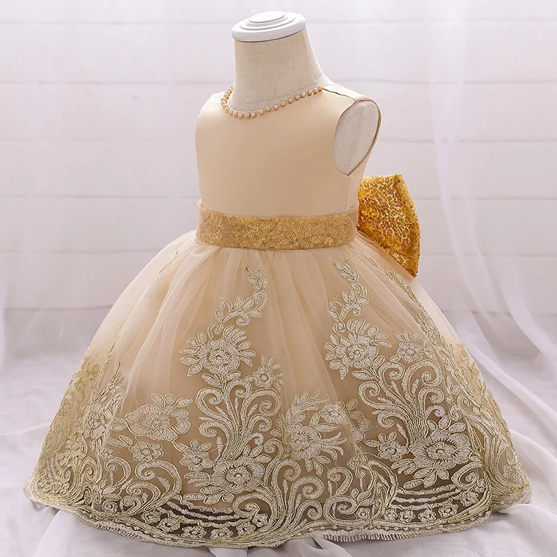 Big Bow Flower Champagne 1srt Birthday Dress Baby Girl Clothes Princess Party Baptism Dress Infant Vestidos Toddler Costume