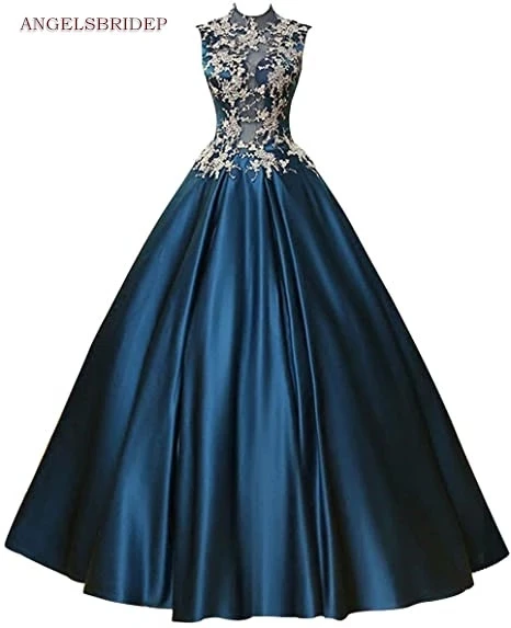 

ANGELSBRIDEP High-Neck Ball Gown Quinceanera Dresses For 15 Party Formal Applique Satin Masquerade Birthday Gowns