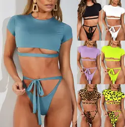 Hollow Out Bandage Bikini Tops Short T-shirts Thong Bquinis Micro Bikini Tankini Swimsuits, Swim Systems Bathing Suits, 7 Colors