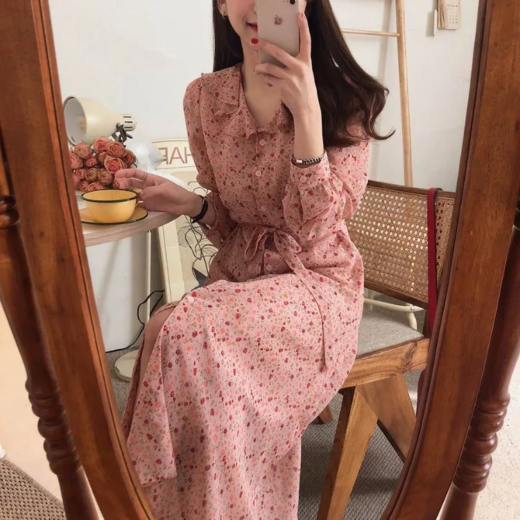 Pink Cute Dresses Women Long Sleeve Spring Fall Korean Japanese Style Design Belt Bow Tie Button Shirt Dress Vintage Girl