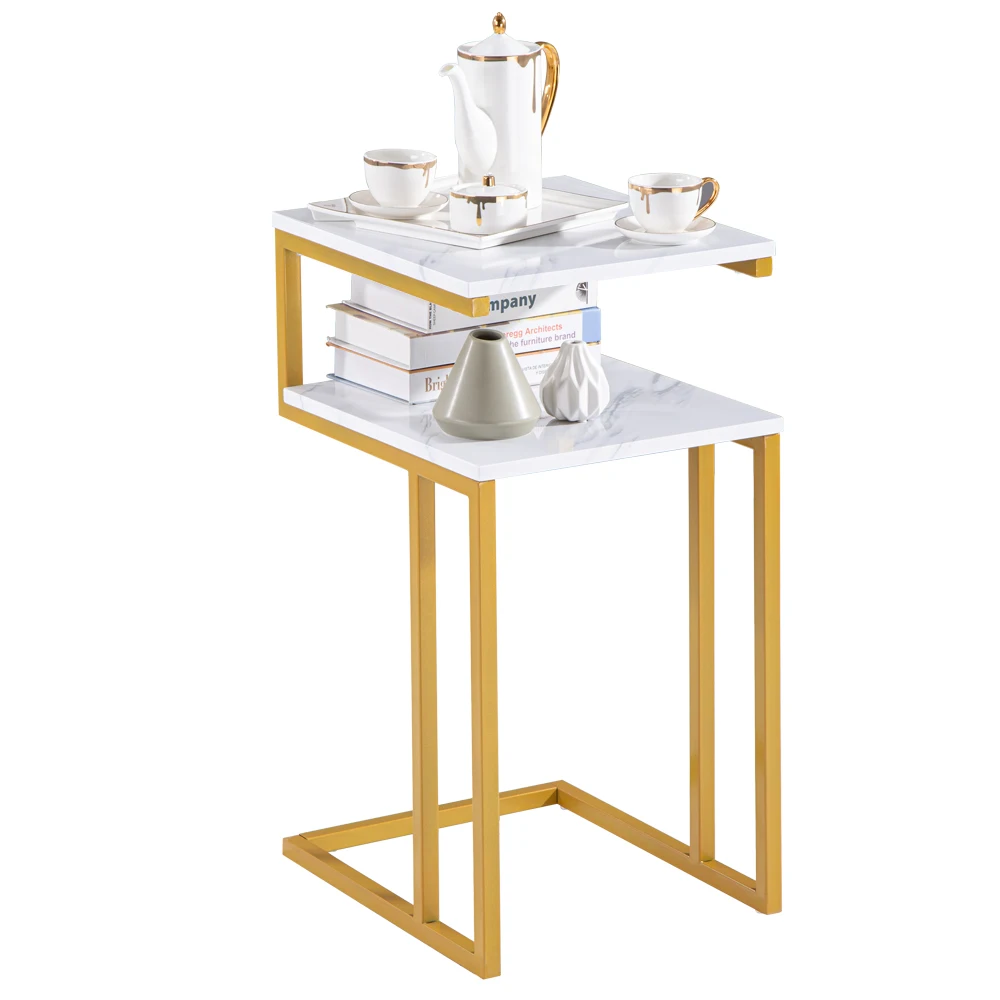 (42 x 35.5 x 71)cm C-Type Side Table End Table Double-Layer Gold Marble Sticker for  Living room Bedroom or Dining Room