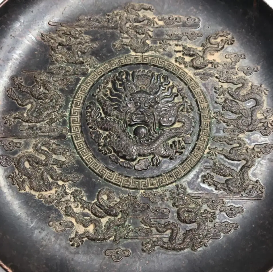 China brass archaize nine dragon dish crafts statue