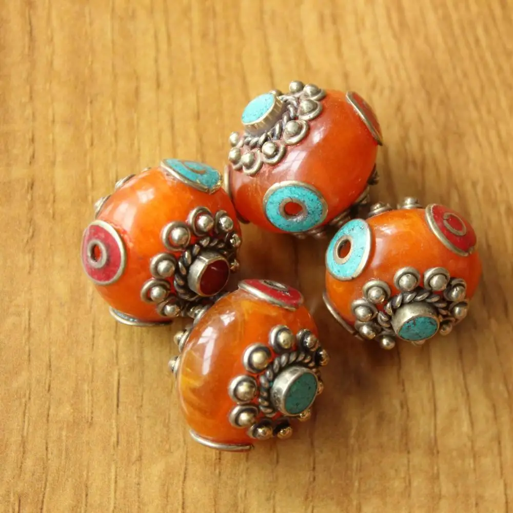 Bd215 Nepal Handmade Beads Ethnic Tibetan Copper Resin 24mm Diy Round Beads For Jewelry Making 2 Pcs Lot