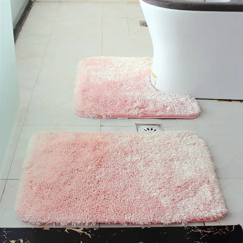 2 Pcs/Set Bathroom Floor Mats Solid Color Plush Toilet Foot Pads Absorption Shower Room Doormat U-Shaped Rugs Rectangle Carpet