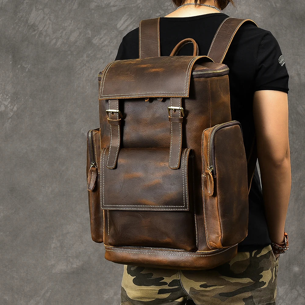 Retro Genuine Leather Men\'s Backpack Large Capacity Laptop Bag School Backpack Male Shoulder Bags Brown Leather Travel Backpacks