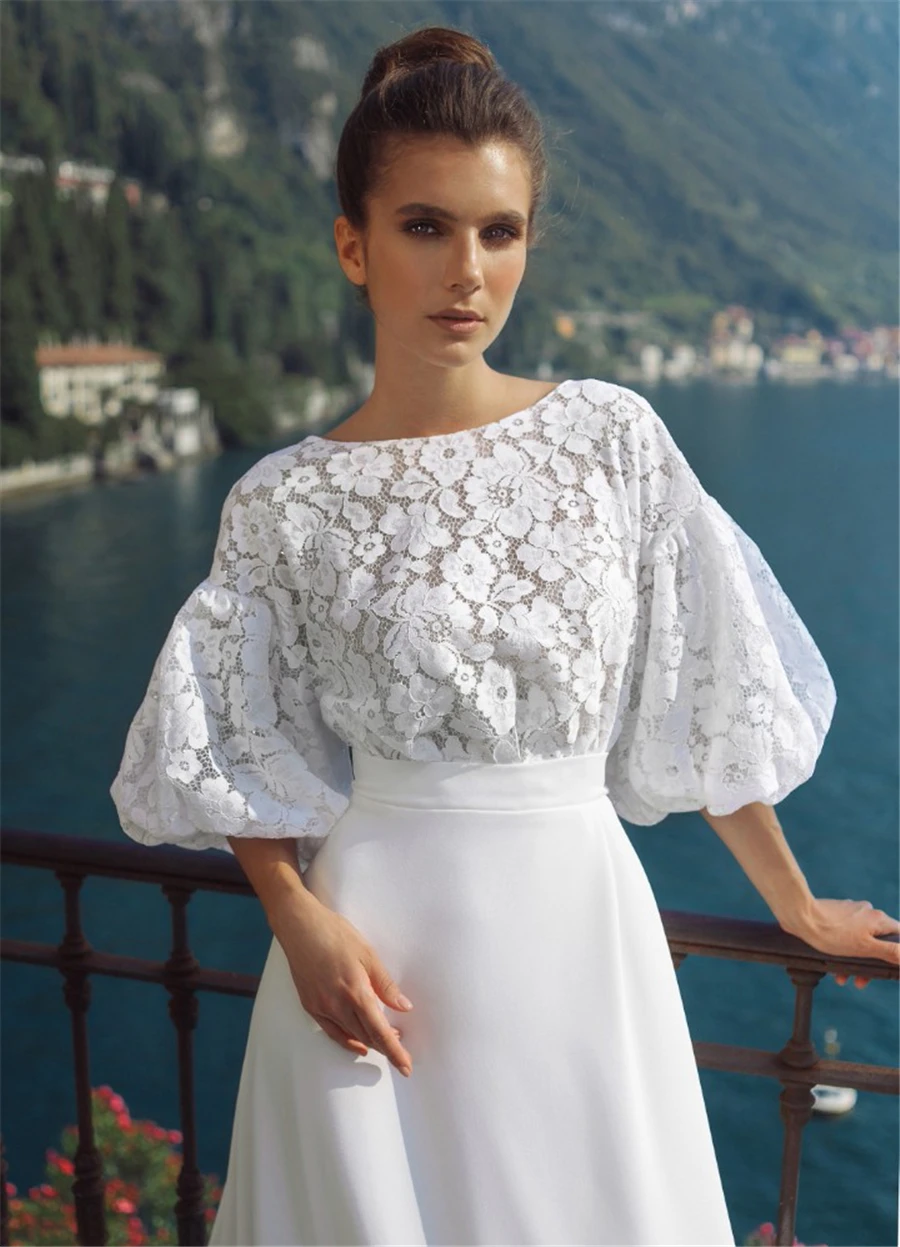 Abito da sposa collo alto pizzo/Chiffon bianco Puff mezze maniche abito da sposa Sweep Train vestidos novias boda