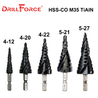 Drillforce M35 Cobalt Step Drill 4-12/4-20/4-22/5-21/5-27mm TiAIN Drill Bit Spiral Groove Quick Change Shank For Stainless Steel