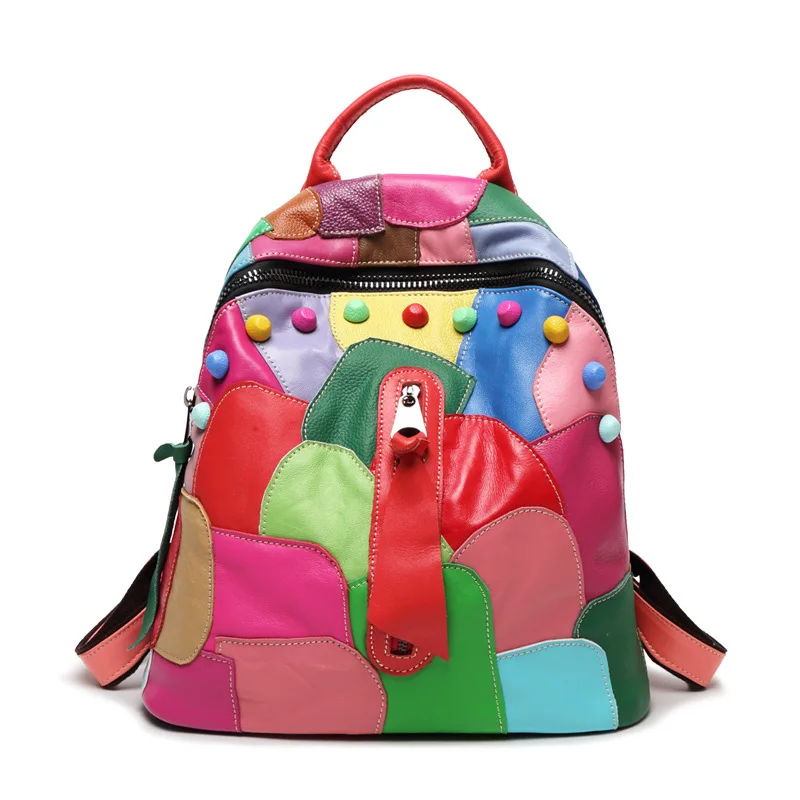 Natural Women Travel Bags Rivets Lady Backpacks Student Rainbow Colorful Patchwork Real Genuine Leather Backpack Girls Shoulder