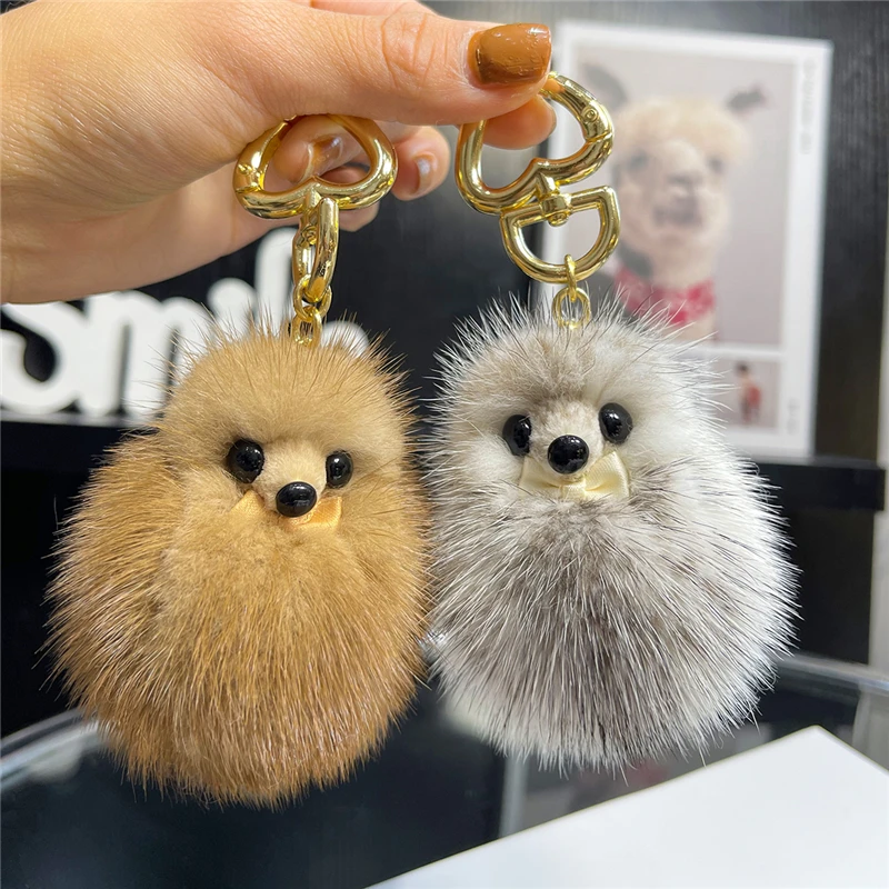 Plush Ball Cute Real Mink Fur Fox Keychain Women HandBag Pendant Ornament Highend Car Key Metal Ring Trinkets Kids Birthday Gift