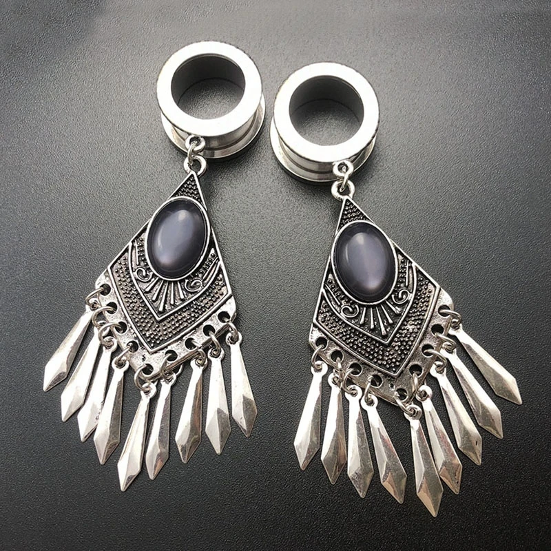 2PCS Ear Plugs Tunnels Ear Expansions Stainless Steel Earrings Alargador De Orelha Oreja Dilataciones Bohemia Tassel Ear Reamer