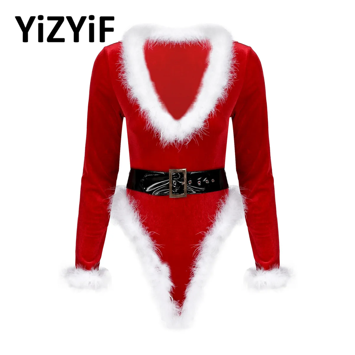 

Women Christmas Bodysuit Costume Red Velvet Mrs Claus Santa Cosplay Dress Up Party Lingerie Feather Trimming Leotard with Belt