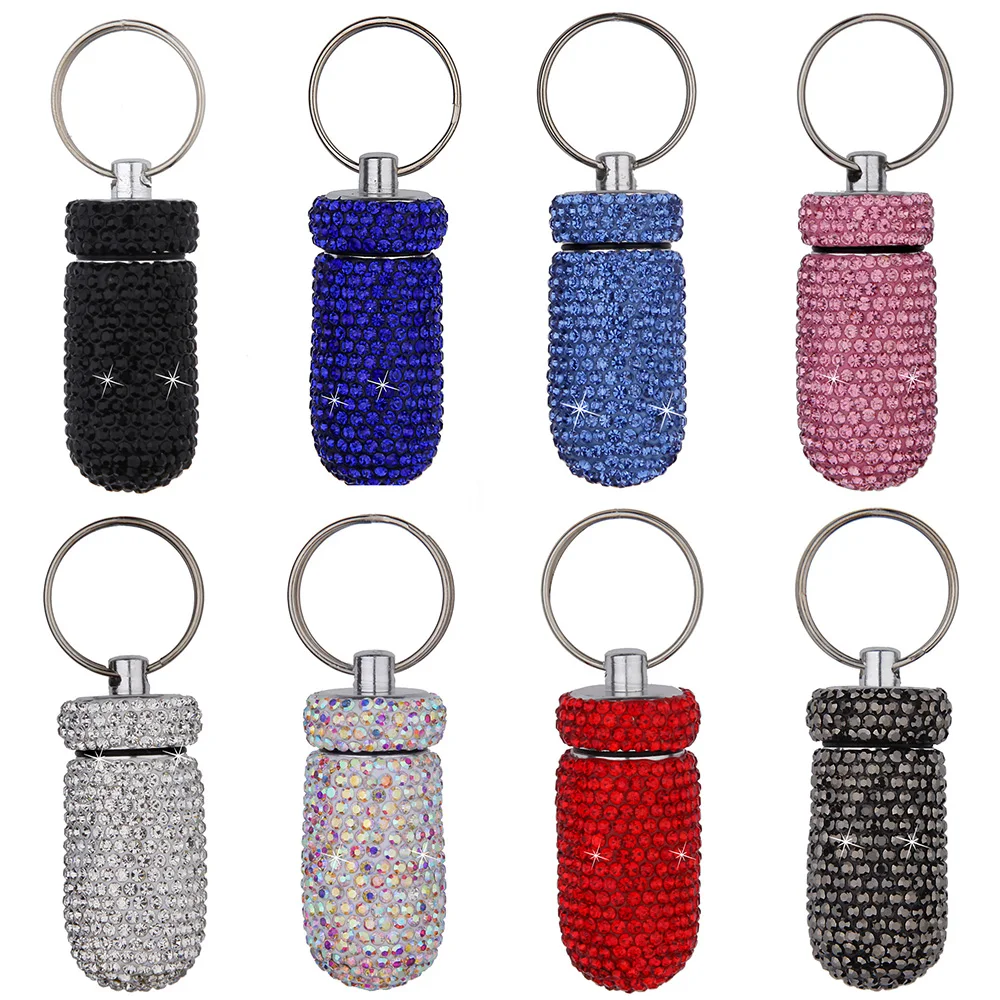 Car Storage Box Bottle Bling Organizer Pill Box Automobile For Car Interior / Hanging Key Ring Mini Storage Box with Diamond