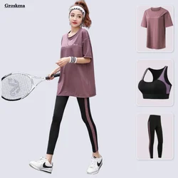 Women Yoga Sets Loose T Shirt+Bra+Long Leggings Quick Dry Fitness Gym Suits Workout Running Sportswear Clothing Breathable Sets