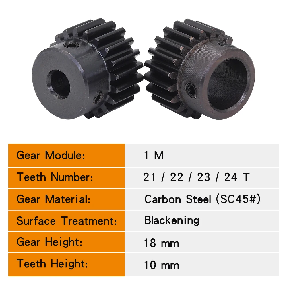 1 Piece Module 1 Motor Gear 1M-21T/22T/23T/24T SC45#Carbon Steel Material Blackening Spur Gear Bore Size 5/6/6.35/7/8/10/12 mm