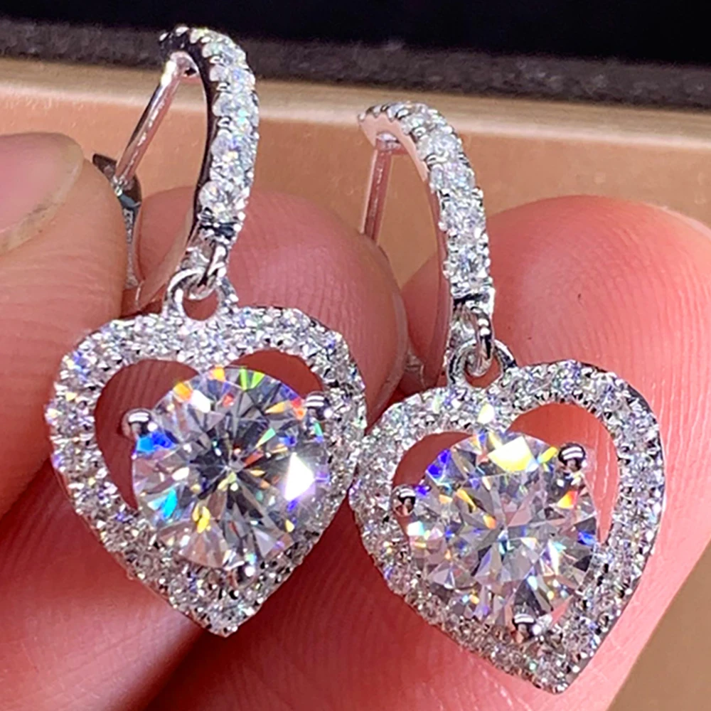 Custom Solid 14K White Gold Women Drop Clip Hoop Earrings U Moissanite Diamonds 1 Ct Heart Round Wedding Engagement Anniversary