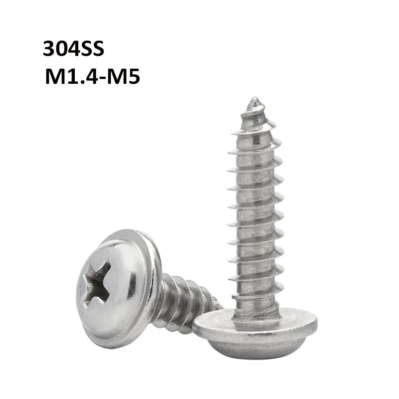 304 Stainless Steel Rounded Head Screws with Washer Screws Self Phillips Tapping Screw For Wood Working M1.4 M1.7 M2 M2.3-M5
