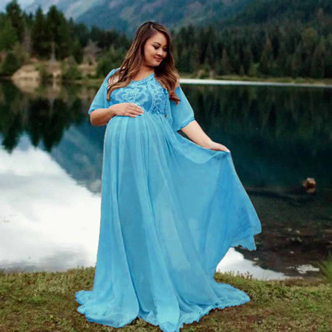 Maternity Long Dress Ruffles Lace Off Shoulder Stretchy Maxi Photography Pregnant Women Gowns Pregnancy Dress Photo Shoot 2021