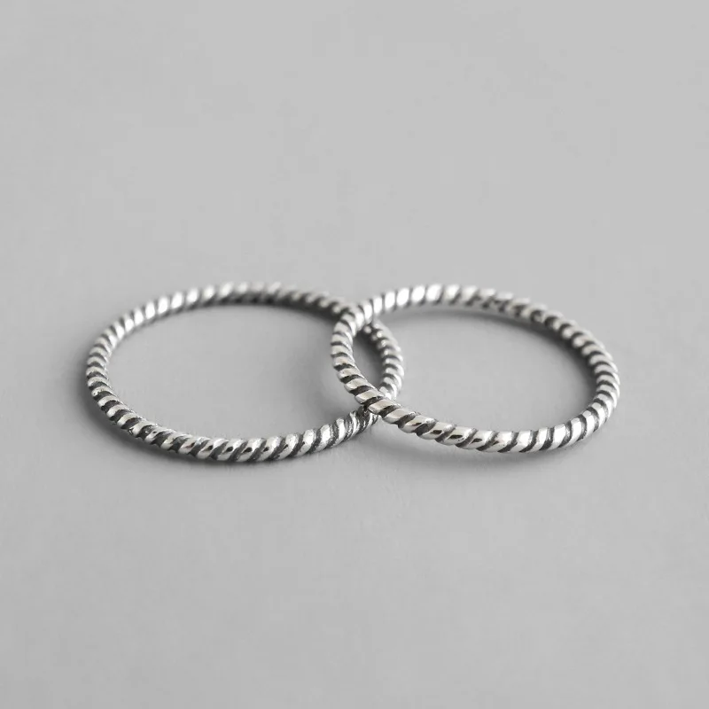 THIN &SMALL Authentic S925 Sterling Silver Fine Jewelry Twisted Roped Wedding Rings Bijoux