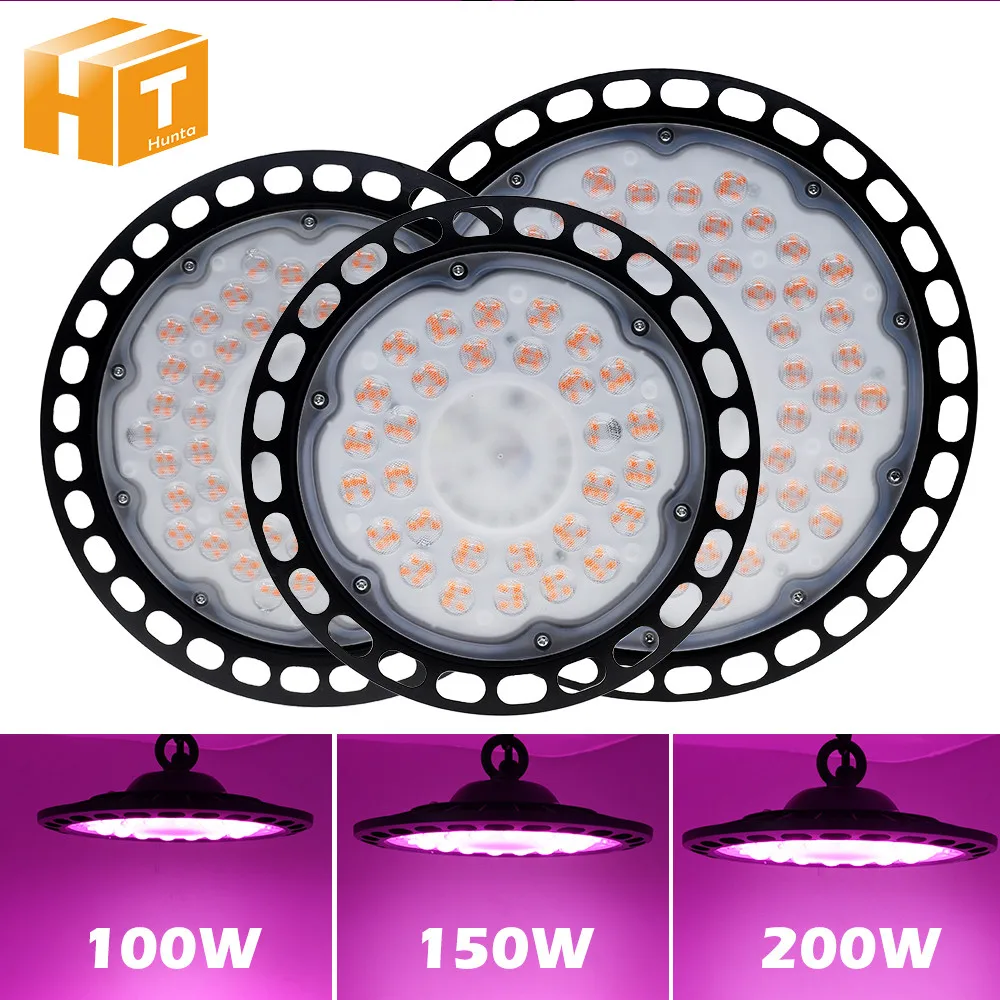 Luz LED de cultivo de espectro completo, lámpara Phyto UFO de 100W, 150W, 200W, IP65, resistente al agua, para plántulas hidropónicas de invernadero de fábrica de plantas