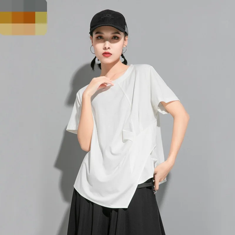 Ladies Short Sleeve T - Shirt Summer New Irregular Wrinkle Design Personality Loose Round Collar Large Size Short Sleeve