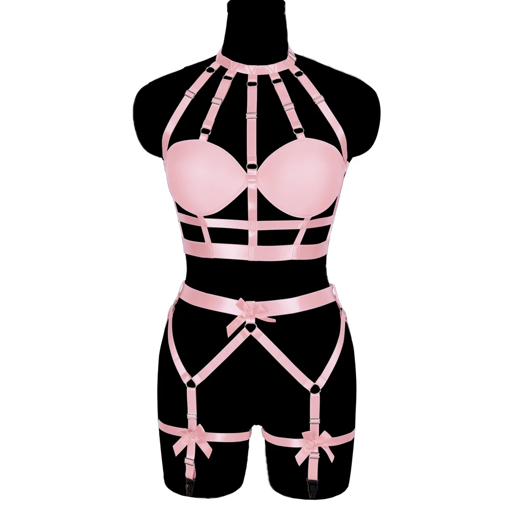 

Pink Bow Garter Belt Bra Cup Bondage Chest Thigh Goth Punk Adjust Waistband Suspender Sexy Lingerie Dance Rave Body Harness Belt