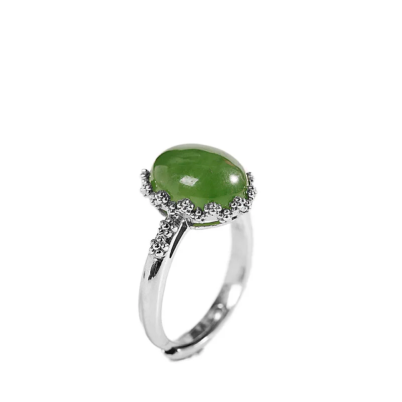 Real s925 silver inlaid Hetian jade jasper egg noodle ring Fashion simple women's open ring