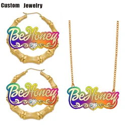 Collier acrylique personnalisé avec nom personnalisé, boucles d'oreilles en bambou, bijoux arc-en-ciel de dessins animés, mode simple, cadeau de Noël, C4