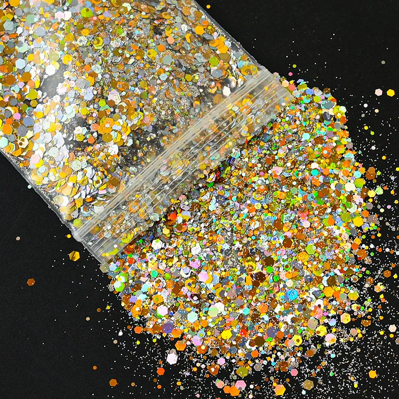 50 g holografischer, gemischter, sechseckiger, klobiger Glitzer, Laser, glitzernd, schillernd, Nagelkunst, Glitzer, Harzscheibe, Flocken, Pailletten, Nageldekoration – Detail 1