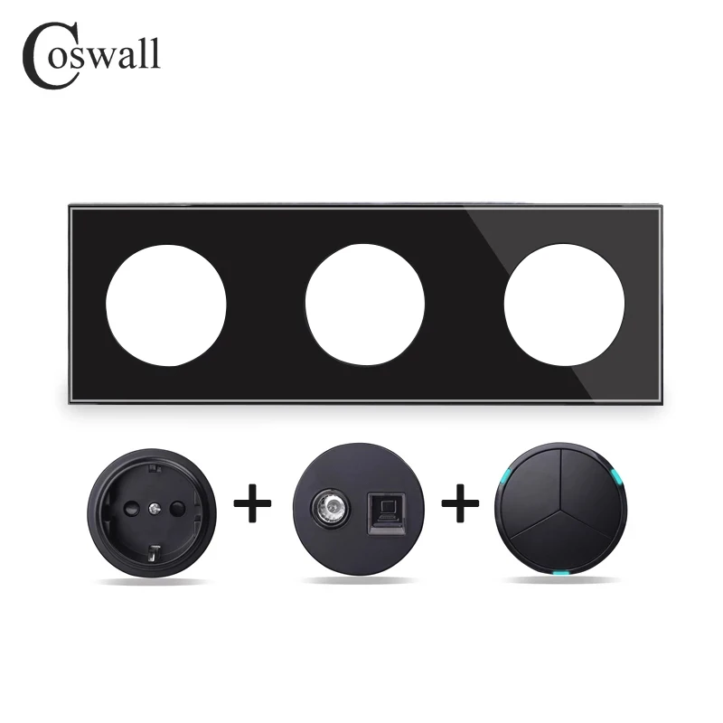 COSWALL R11 Black Glass Panel Wall Switch EU French Socket USB Charger Female TV RJ45 CAT6E  Modules DIY Free Combination