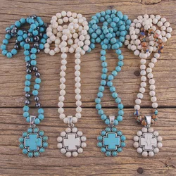 Fashion Bohemian Jewelry Accessory 8mm Stones Knotted With Stone Cross Pendant Necklaces For Women Boho Gift
