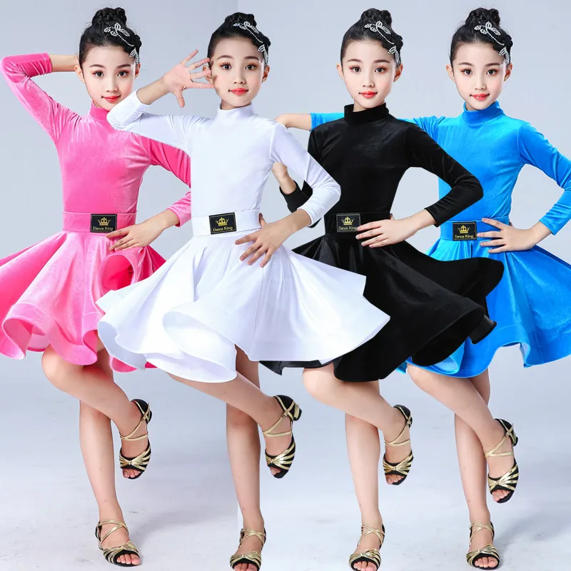 Kids Dresses for Girls Long Sleeve Latin Dance Dress Velvet Ballroom Competition Party Stage Performance Practice Costumes