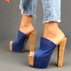 SEIIHEM Donna Platform Mules Denim tacchi robusti Peep Toe Donna Scarpe fatte a mano Donna 2022 Scarpe Donna taglia grande 41 42 48 50 52